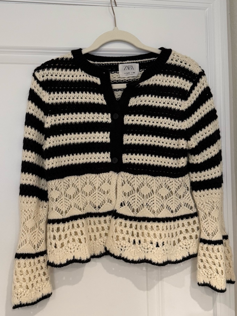 Zara Girls Black and Cream Striped Crochet Cardigan Sweater